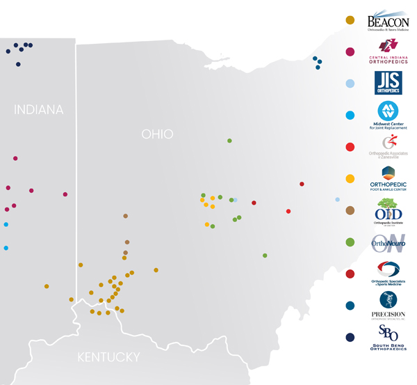 Map of Ohio with practice locations